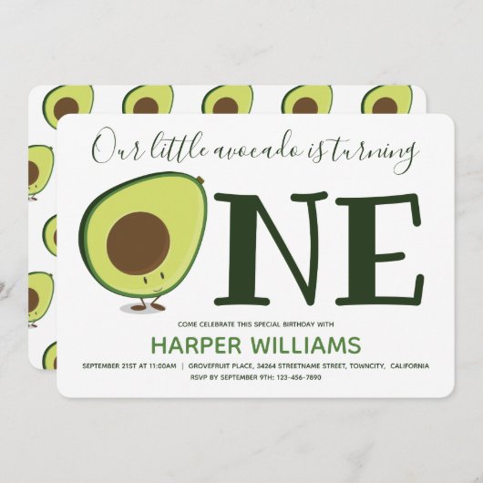 食べ物1キュートなアボカド1歳の誕生日 招待状 (正面/裏面)