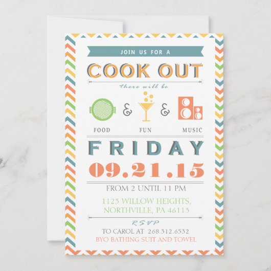 食べ物、おもしろい、音楽バーベキュー(BBQ)クックアウト招待状 招待状 (正面)