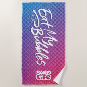 「食べ私の泡」がピンク/紫/青の人生をはかりで測 ビーチタオル (正面)