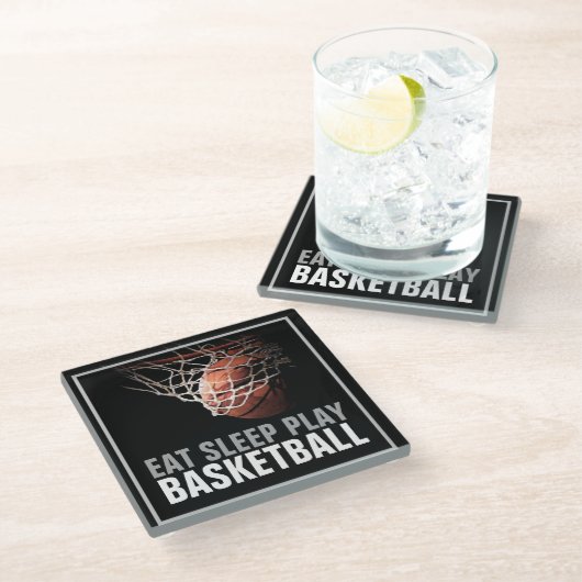 食べ遊Sleep Basketballアートワークやる気を起こさせる ガラスコースター (アングル)