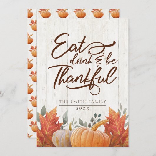 食べ酒を飲み感謝する。感謝祭のディナー サンキューカード (正面/裏面)