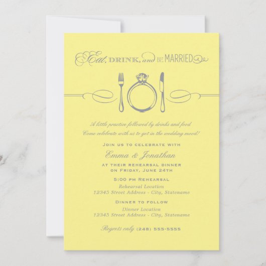 食べ酒を飲んで黄結婚した色いリハーサルディナーになる 招待状 (正面)