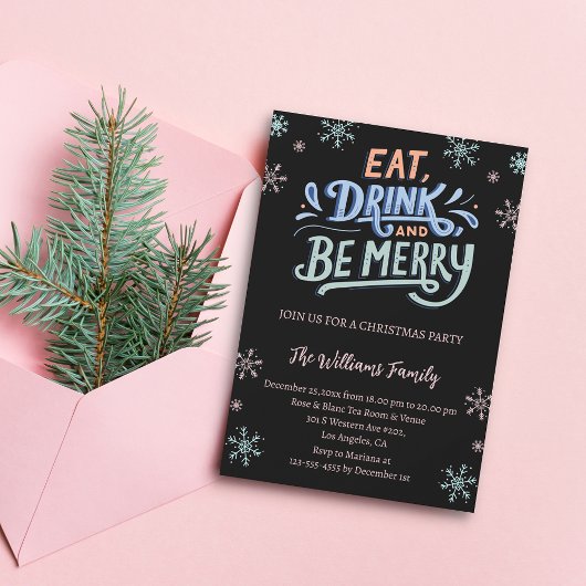 食べ飲みと楽しいクリスマスのパーティーブラック 招待状