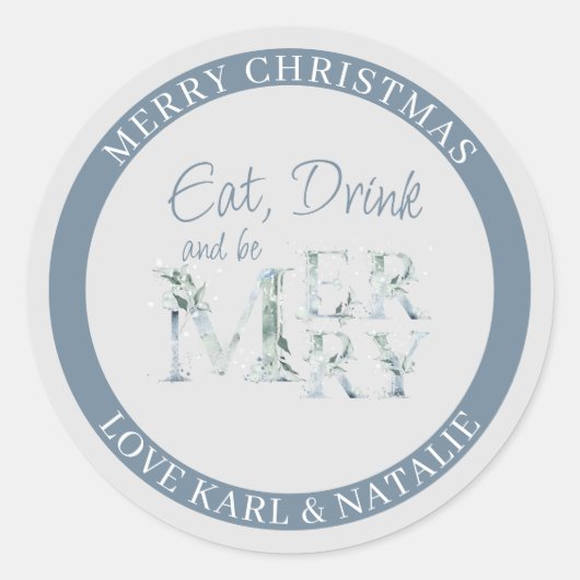 食べ飲みと水メリー色のワードクリスマス ラウンドシール (正面)