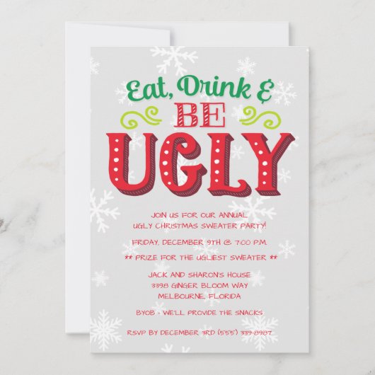 食べ飲みと醜いクリスマスのセーターパーティー 招待状 (正面)