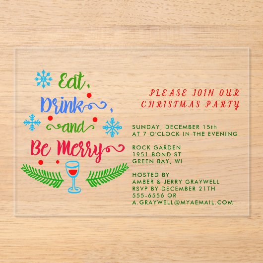 食べ飲み楽メリーにクリスマスのパーティーに アクリル招待状 (正面)