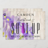 食べ飲み物とスーツアップパープルが私のベストマンになる 招待状 (正面/裏面)