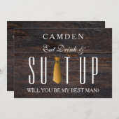 食べ飲み物とスーツアップ金ゴールドが私のベストマンになる 招待状 (正面/裏面)