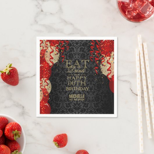 食べ飲み物とハッピー00誕生日 – レッドバルーン スタンダードカクテルナプキン (インサイチュ)