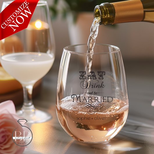 食べ飲み物とビー結婚したタイポグラフィ ステムなしワイングラス