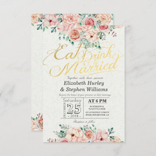 食べ飲み物とビー結婚したフローラ結婚式招待状 招待状 (正面/裏面)