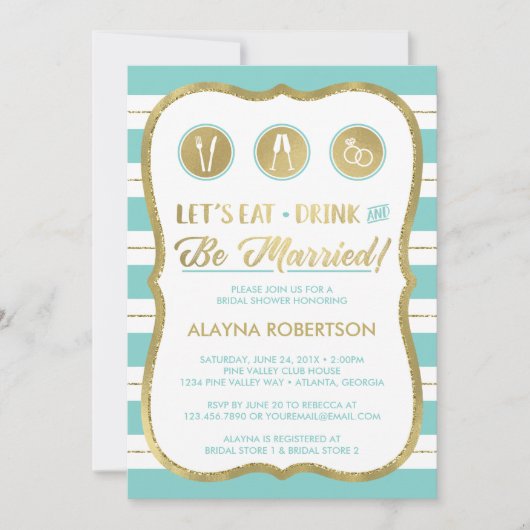 食べ飲み物とビー結婚した招待状フェイク金ゴールド 招待状 (正面)