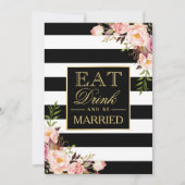 食べ飲み物とベ結婚したー金ゴールド白黒ストライプの 招待状 (正面)