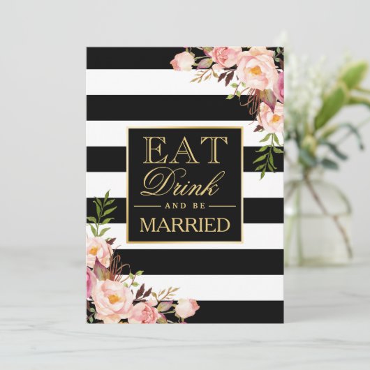 食べ飲み物とベ結婚したー金ゴールド白黒ストライプの 招待状 (スタンド正面)