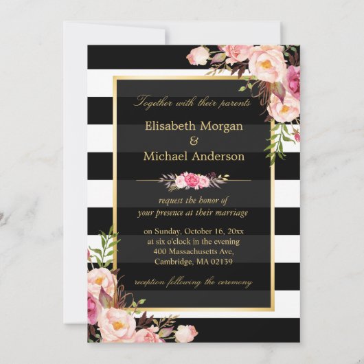 食べ飲み物とベ結婚したー金ゴールド白黒ストライプの 招待状 (裏面)