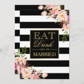 食べ飲み物とベ結婚したー金ゴールド白黒ストライプの 招待状 (正面/裏面)