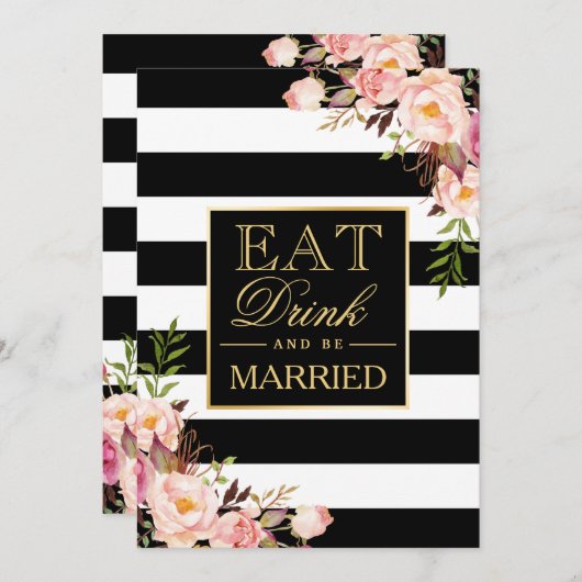 食べ飲み物とベ結婚したー金ゴールド白黒ストライプの 招待状 (正面/裏面)