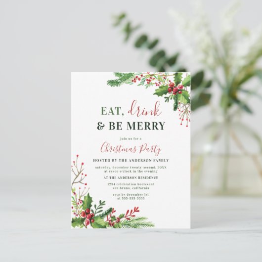 食べ飲み物&ビーメリー | クリスマスパーティの招待状 ポストカード (スタンド正面)