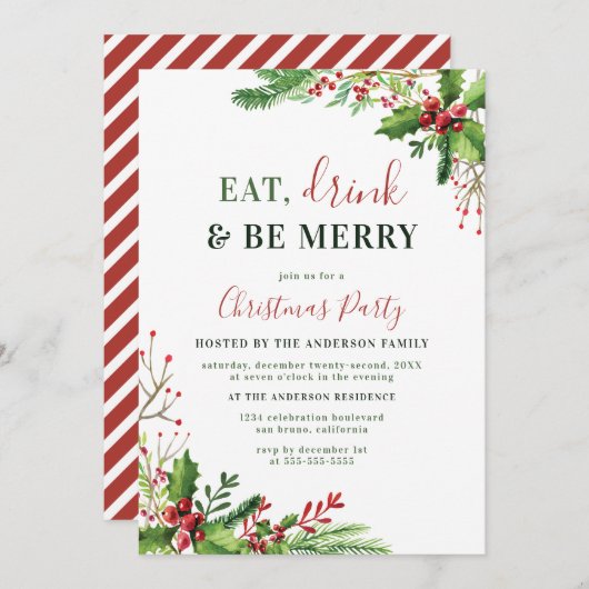 食べ飲み物&ビーメリー | クリスマスパーティの招待状 招待状 (正面/裏面)