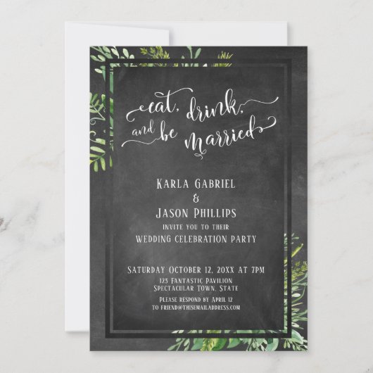 食べ飲み物&結婚したBe Greenery & Chalkboard 招待状 (正面)
