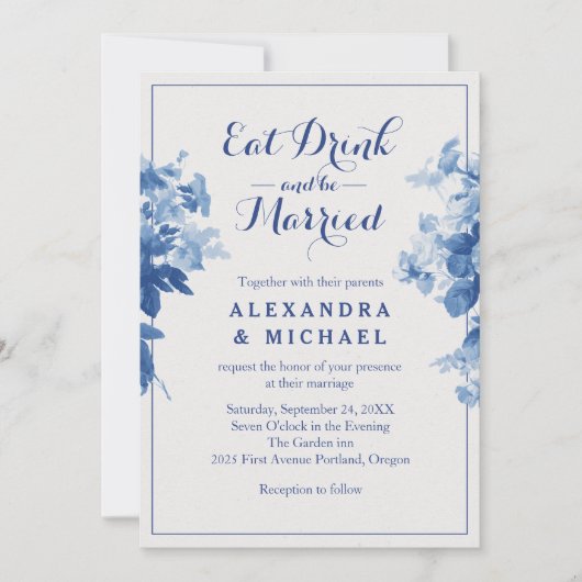 食べ飲み青い結婚したフローラモダンの花 招待状 (正面)