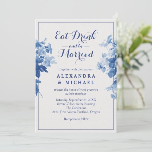 食べ飲み青い結婚したフローラモダンの花 招待状 (スタンド正面)