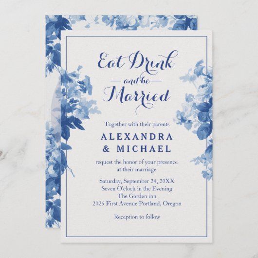 食べ飲み青い結婚したフローラモダンの花 招待状 (正面/裏面)
