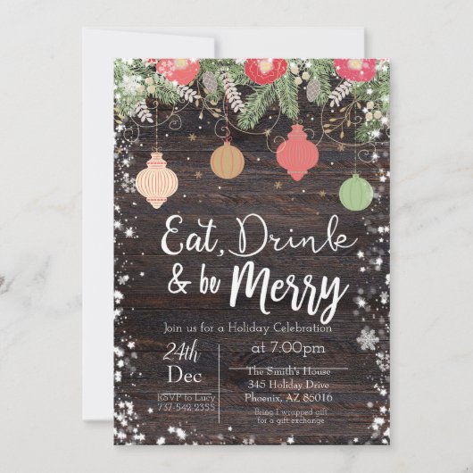 食べ飲み飲み楽しいクリスマスのカード素朴、クリスマス 招待状 (正面)