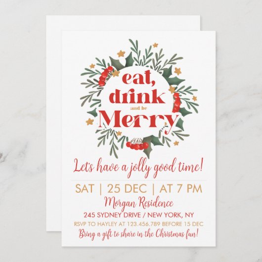 食べ飲み飲み楽しいクリスマスパーティの招待状 招待状 (正面/裏面)