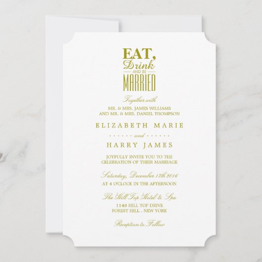 食べ飲飲み金ゴールド結婚したの結婚儀式 招待状 (正面)