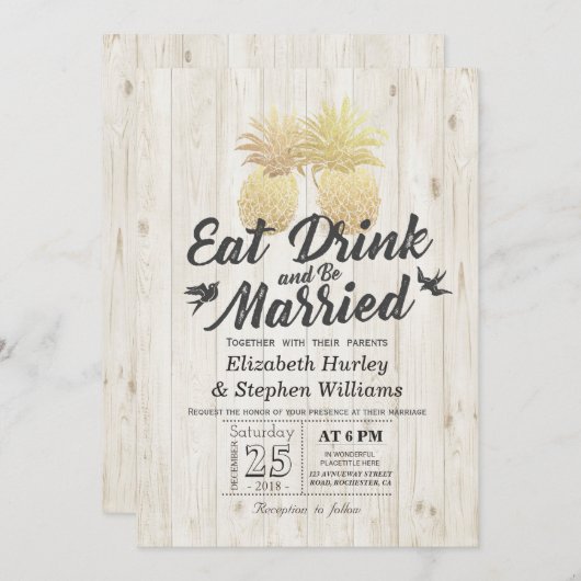 食べBeの結婚した金ゴールド結婚Pineappleカップル 招待状 (正面/裏面)