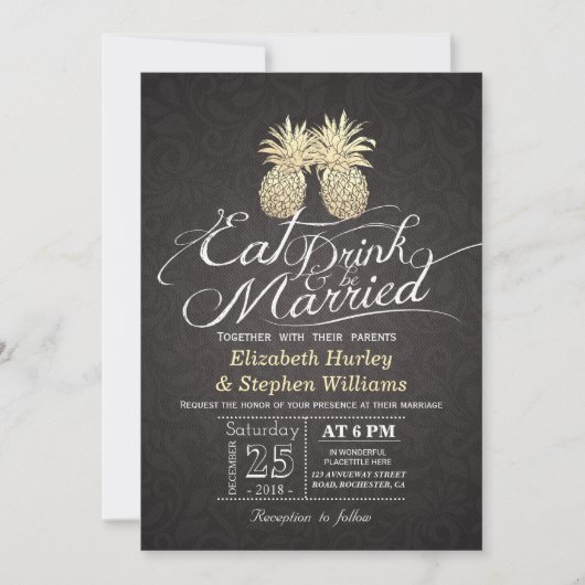 食べBeの結婚した金ゴールド結婚Pineappleカップル 招待状 (正面)