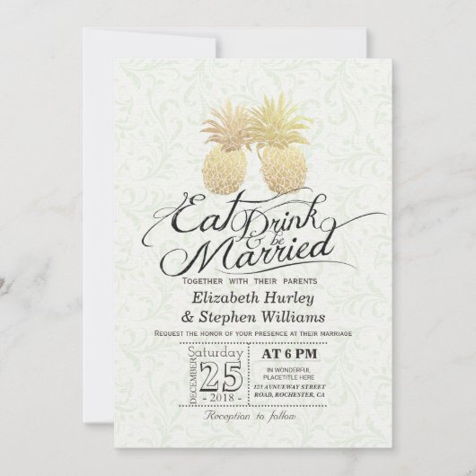 食べBeの結婚した金ゴールド結婚Pineappleカップル 招待状 (正面)
