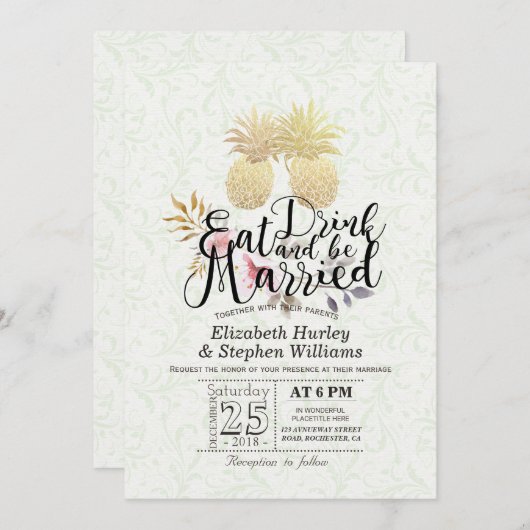 食べBeの結婚した金ゴールド結婚Pineappleカップル 招待状 (正面/裏面)