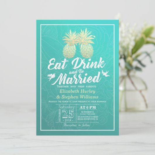 食べBeの結婚した金ゴールド結婚Pineappleカップル 招待状 (スタンド正面)