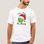 食べDink and be Merry Christmas Pickleball Santa Tシャツ<br><div class="desc">Santa帽子を着て赤と白お酒の上に遊置き換え食べている緑色のピックボール – ピックボールと – DINK。</div>