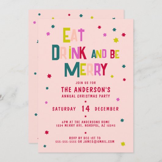 食べDRINKとBEメリー赤面パーソナライズされたピンク 招待状 (正面/裏面)