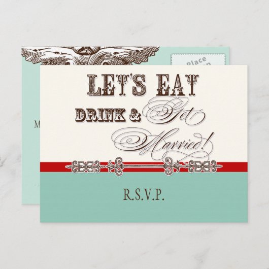 食べDrink n Get結婚した、RSVP応答はがき インビテーションポストカード (正面/裏面)