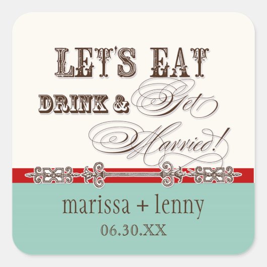 食べDrink n Get 結婚した Matching Stickers or Seal スクエアシール (正面)