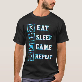 食べSleepゲーおもしろいムの青い白 Tシャツ