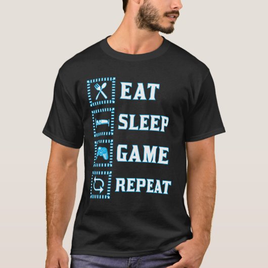 食べSleepゲーおもしろいムの青い白 Tシャツ (正面)
