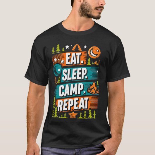 食べSleep Camp Repeat Tシャツ – アウトドアファン (正面)