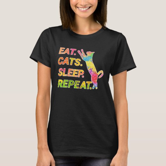 食べSleep, Cats, Repeat -カラフル猫好き Tシャツ (正面)