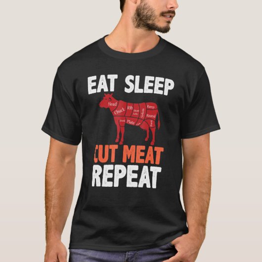食べSleep Cut Meat Butcher Cow Beef Diagram Tシャツ (正面)