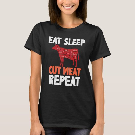 食べSleep Cut Meat Butcher Cow Beef Diagram Tシャツ (正面)