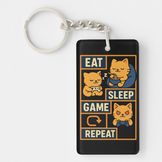 食べSleep Game Repeat - Cute Gamer Cat キーホルダー (正面)