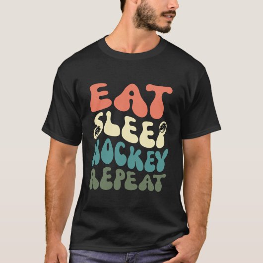食べSleep Hockey Repeatおもしろい retroヴィンテージ Tシャツ (正面)