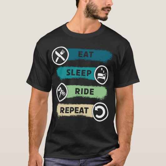 食べSLEEP RIDE REPEAT MOTORBIKEおもしろいバイクもしくは自転車に乗る人 Tシャツ (正面)