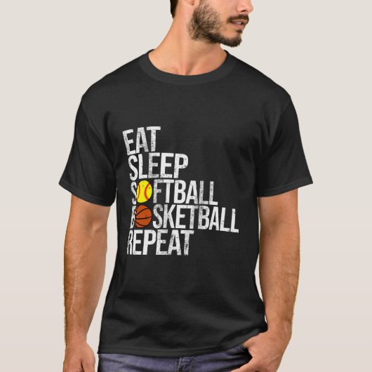 食べSleep Softball Basketball Repeatおもしろい Ball Tシャツ (正面)