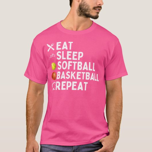 食べSleep Softball Basketball Repeat Softbalおもしろい Tシャツ (正面)